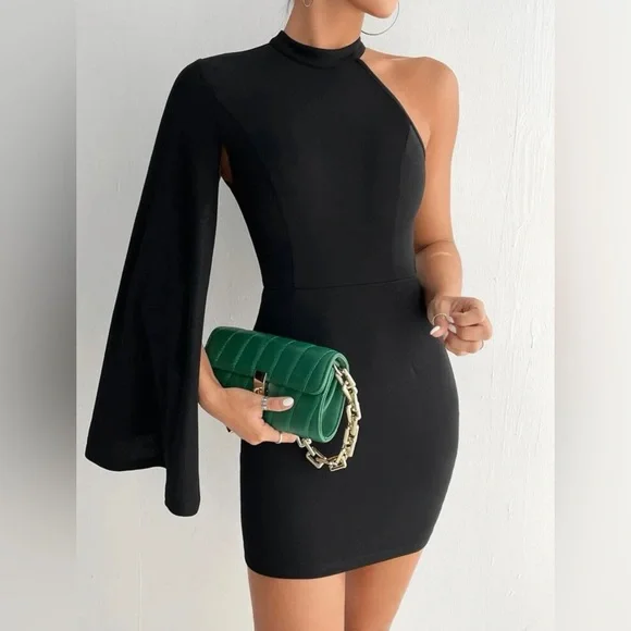 SHEIN | Dresses | Shein Petite Asymmetrical Neck Cloak Sleeve Bodycon Dress  | Poshmark